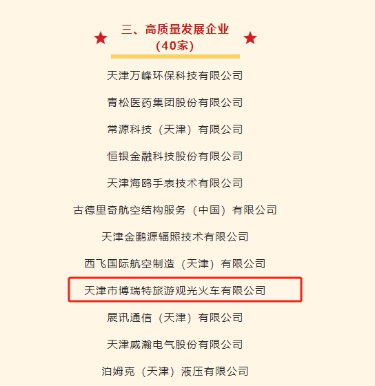 博瑞特观光火车荣膺天津港保税区2024年度“优秀贡献企业”称号